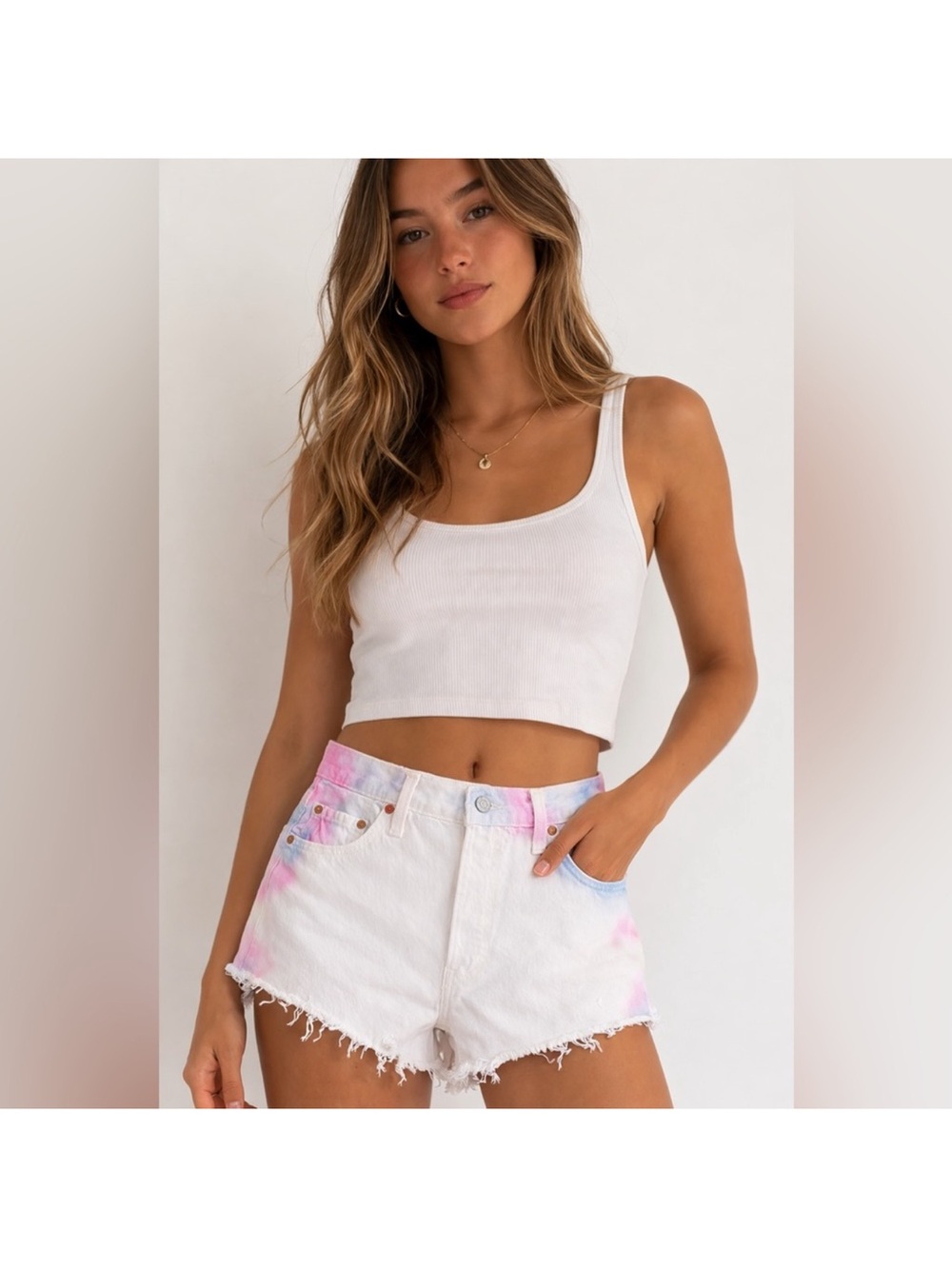 Levi's White Denim Jean Shorts with Pink & Light Blue Tie-Dye  Never Worn SZ 26